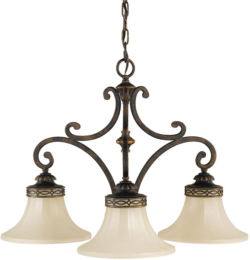Feiss Drawing Room Walnut 3 Light Downward Chandelier Amber Scavo Glass