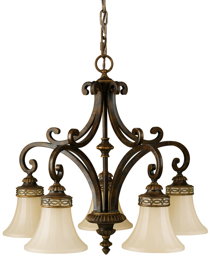 Feiss Drawing Room 5 Light Chandelier Walnut Amber Scavo Glass