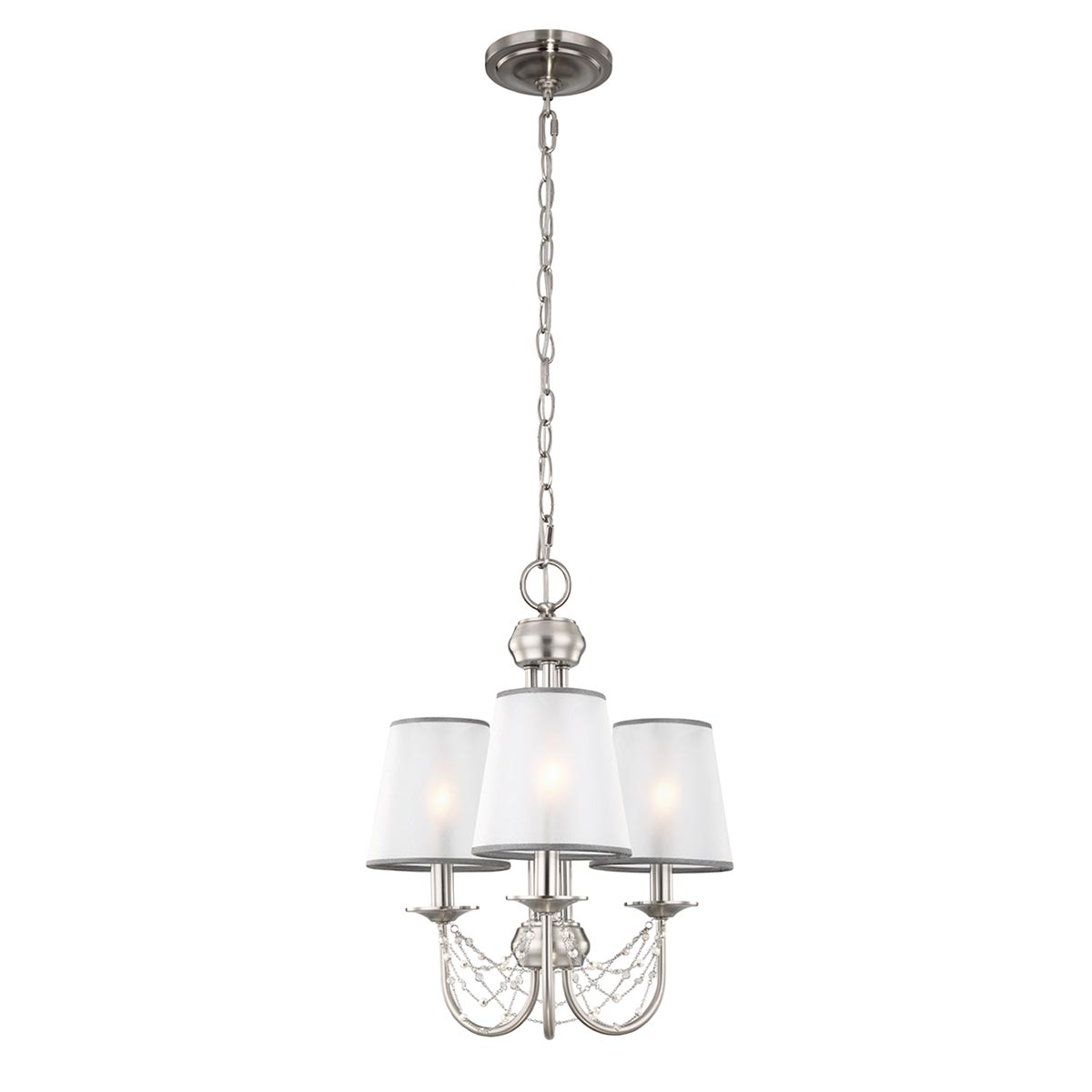 Feiss Aveline 3 light brushed steel 3 light chandelier with organza shades