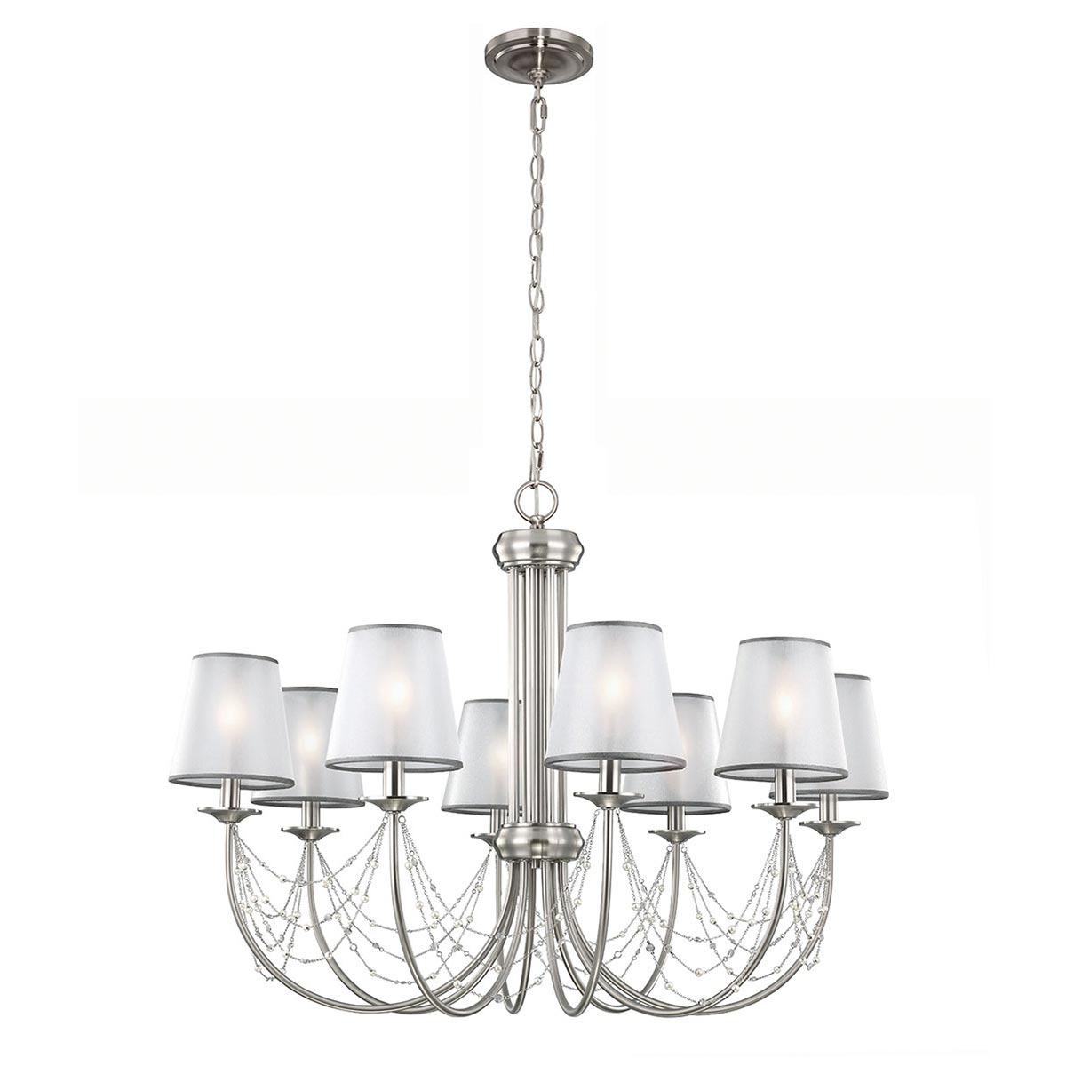 Feiss Aveline Brushed Steel 8 Light Chandelier With Organza Shades