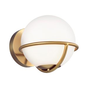 Feiss Apollo single lamp wall light in burnished brass with opal glass shade