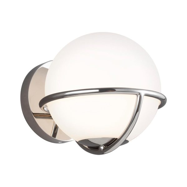 Feiss Apollo single lamp wall light in polished nickel with opal glass shade