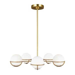 Feiss Apollo 5 light chandelier in burnished brass with opal glass shades