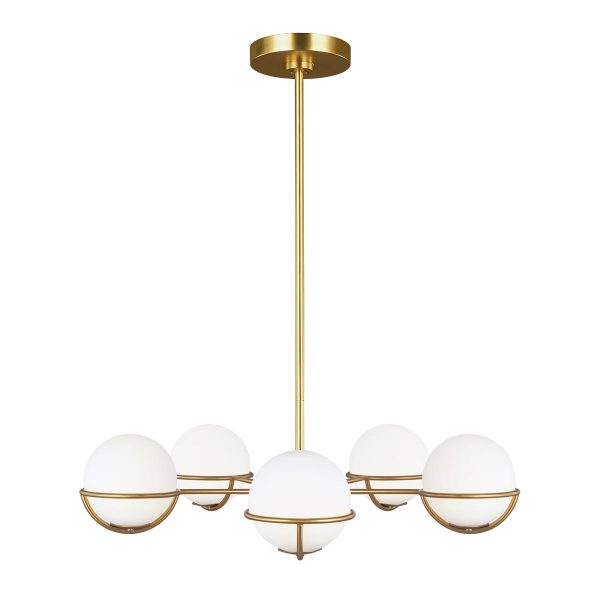 Feiss Apollo 5 light chandelier in burnished brass with opal glass shades