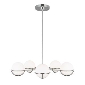 Feiss Apollo 5 light chandelier in polished nickel with opal glass shades