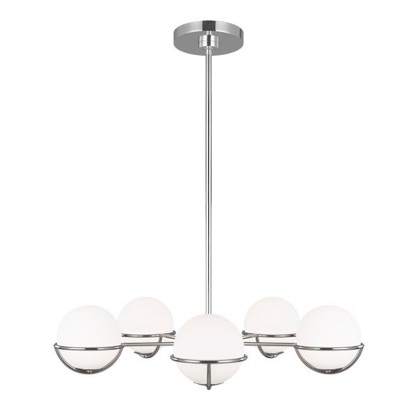 Feiss Apollo 5 light chandelier in polished nickel with opal glass shades
