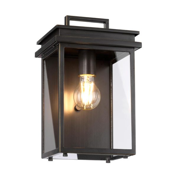 Feiss Glenview antique bronze 1 light medium outdoor wall box lantern clear glass panels lit