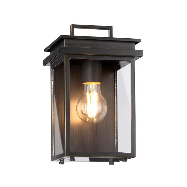 Feiss Glenview antique bronze 1 light small outdoor wall box lantern clear glass panels lit