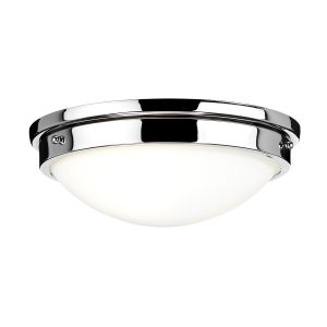 Feiss Gravity polished chrome 2 light flush low ceiling light with opal white glass shade lit