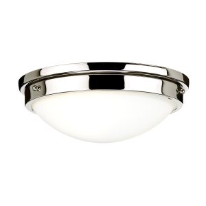 Feiss Gravity polished nickel 2 light flush low ceiling light with opal white glass shade lit