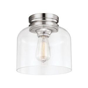 Hounslow polished nickel 1 lamp flush low ceiling light with clear glass shade