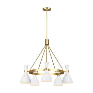 Joan 5 light modern chandelier in matte white and burnished brass