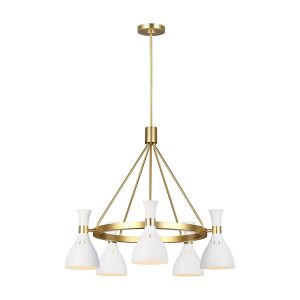 Joan 5 light modern chandelier in matte white and burnished brass