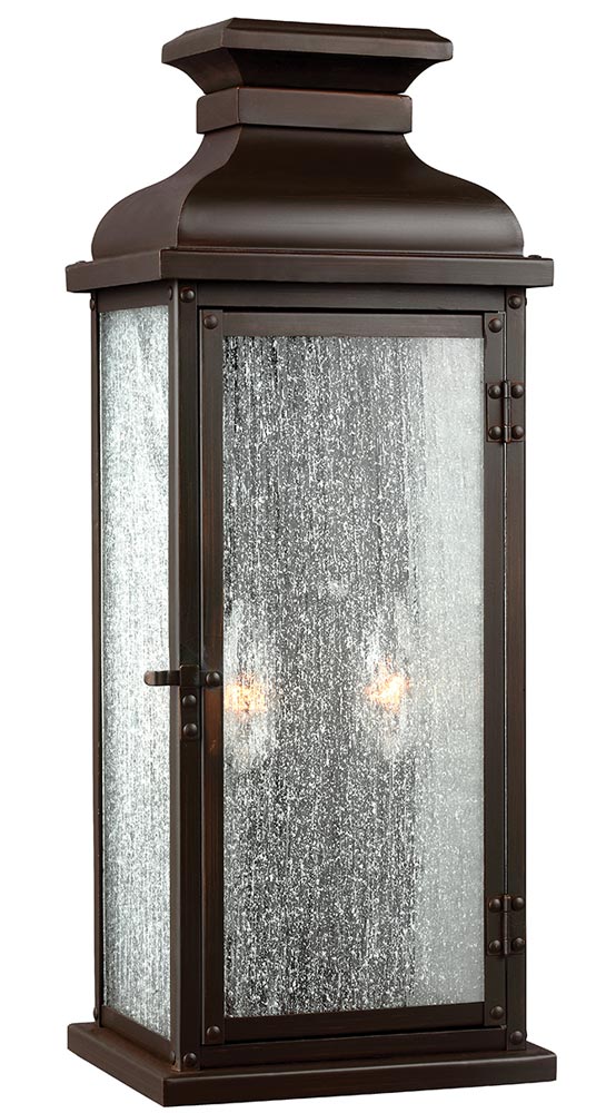 Feiss Pediment Medium Outdoor Wall Lantern Dark Aged Copper Seeded Glass