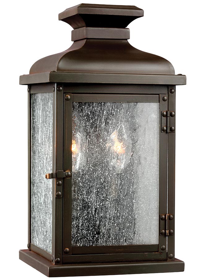 Feiss Pediment Small Outdoor Wall Lantern Dark Aged Copper Seeded Glass