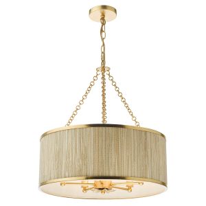 Fenella 5 light pendant chandelier in gold leaf with seagrass shade, on white background lit