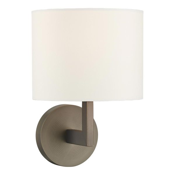 Ferrara brushed bronze finish wall light with ivory shade on white background