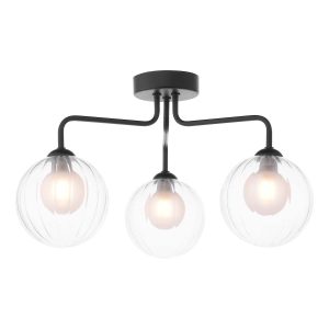 Feya 3 light semi flush ceiling light in matt black with clear and opal glass shades on white background lit