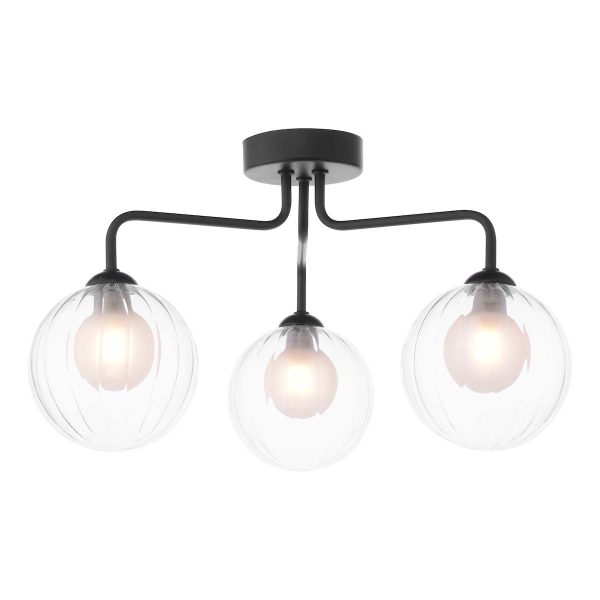 Feya 3 light semi flush ceiling light in matt black with clear and opal glass shades on white background lit