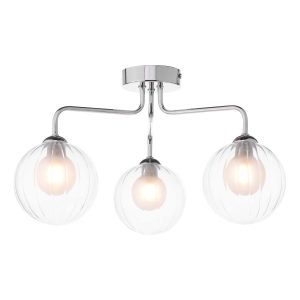 Feya 3 light semi flush ceiling light in polished chrome with clear and opal glass shades on white background lit