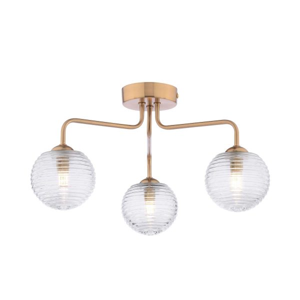 Feya 3 light semi flush ceiling light in antique bronze with ribbed glass shades on white background lit