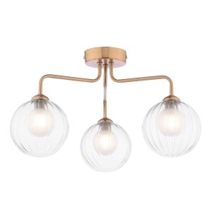 Feya 3 light semi flush ceiling light in antique bronze with clear and opal glass shades on white background lit