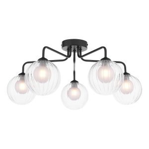 Feya 5 light semi flush ceiling light in matt black with clear and opal glass shades on white background lit