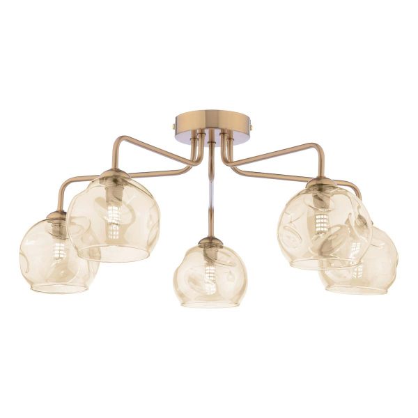Feya 5 light semi flush ceiling light in antique bronze with champagne glass shades on white background lit
