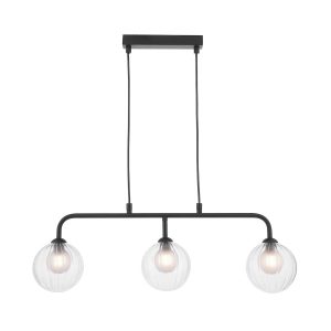 Feya 3 light bar pendant in matt black with clear and opal glass shades on white background lit