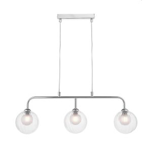 Feya 3 light bar pendant in polished chrome with clear and opal glass shades on white background lit