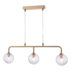 Feya 3 light bar pendant in antique bronze with ribbed glass shades on white background