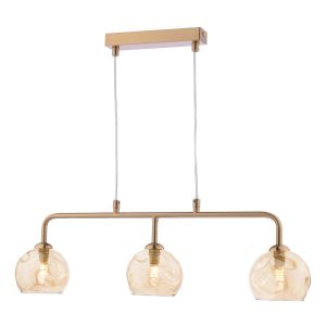 Feya 3 light bar pendant in antique bronze with champagne glass shades on white background lit