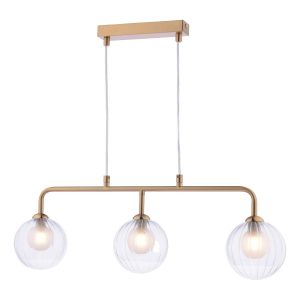 Feya 3 light bar pendant in antique bronze with clear and opal glass shades on white background lit