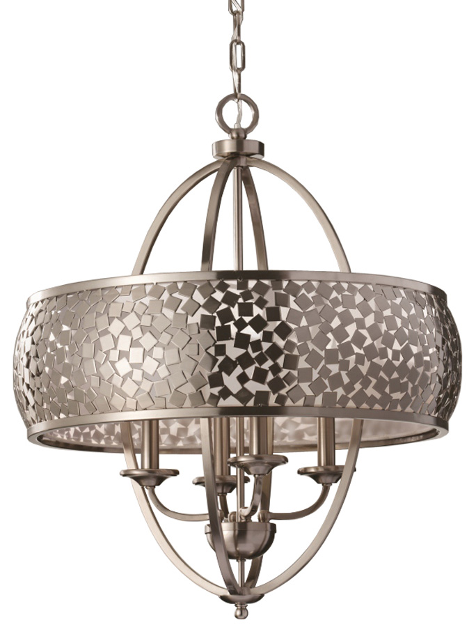 Feiss Zara 4 Light Large Chandelier Brushed Steel Organza Fabric