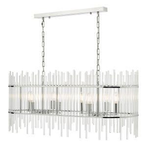 Finola stunning 8 light pendant in polished chrome with glass rods on white background shown lit