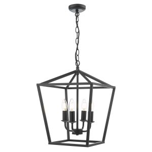 Fionn traditional 4 light hall lantern in matt black, shown lit on white background