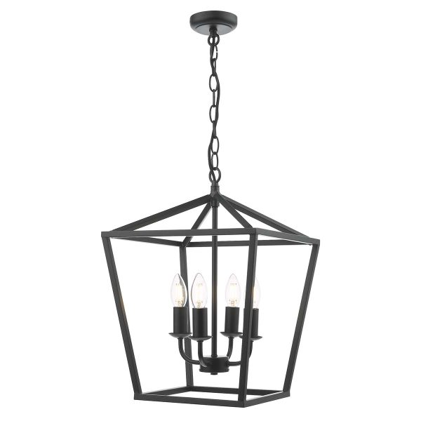 Fionn traditional 4 light hall lantern in matt black, shown lit on white background