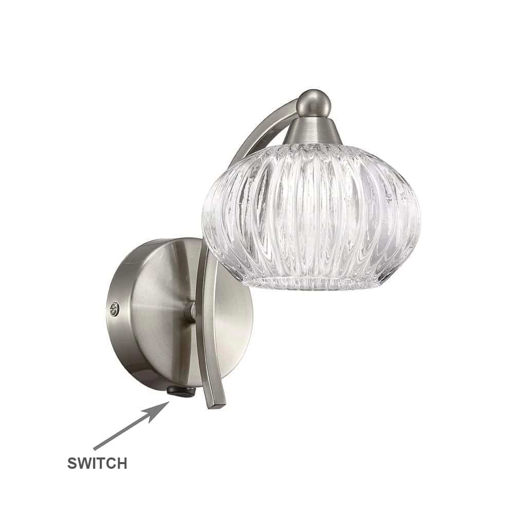 Elegant 1 Lamp Single Switched Wall Light Satin Nickel Ribbed Glass
