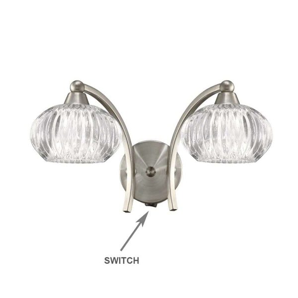Franklite FL2335/2 Ripple twin switched wall light in satin nickel with ribbed glass