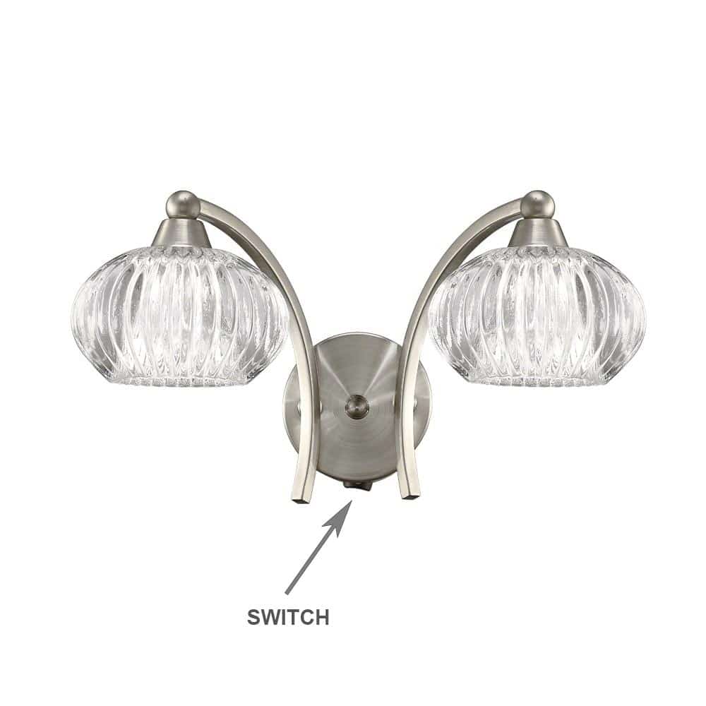 Elegant 2 Lamp Switched Twin Wall Light Satin Nickel Ribbed Glass