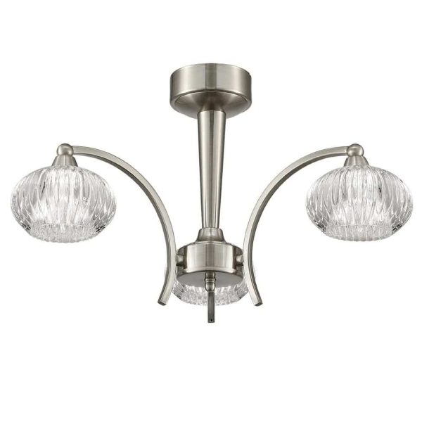 Franklite FL2335/3 Ripple 3 arm semi flush ceiling light in satin nickel with ribbed glass