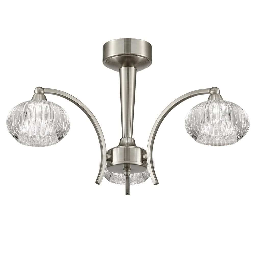 Elegant 3 Arm Semi Flush Ceiling Light Satin Nickel Ribbed Glass Shades