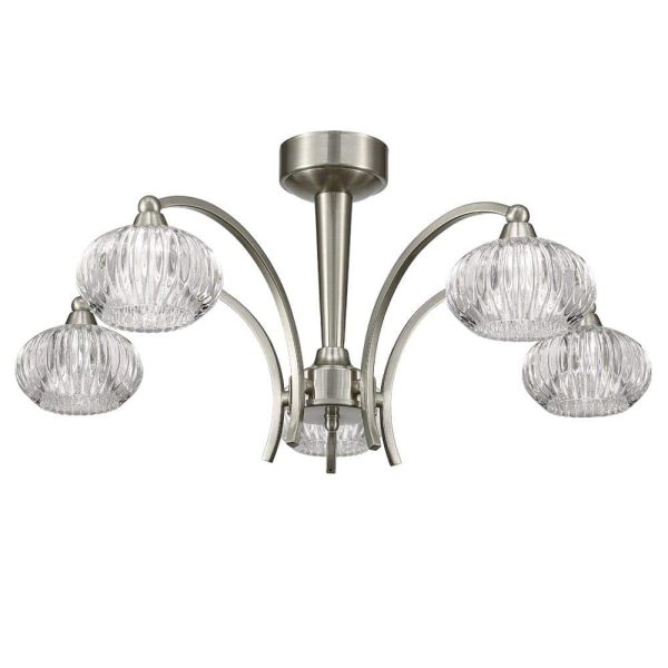 Franklite FL2335/5 Ripple 5 arm semi flush ceiling light in satin nickel with ribbed glass
