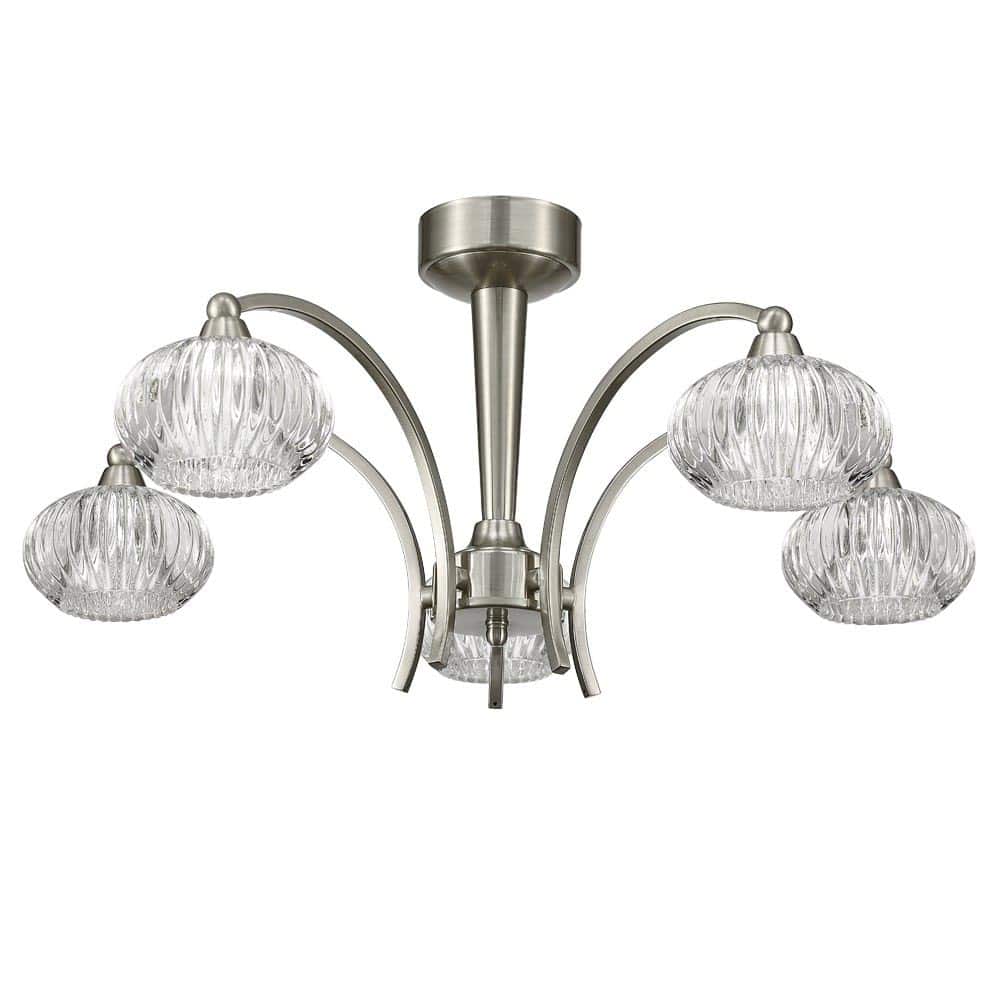 Elegant 5 Arm Semi Flush Ceiling Light Satin Nickel Ribbed Glass Shades