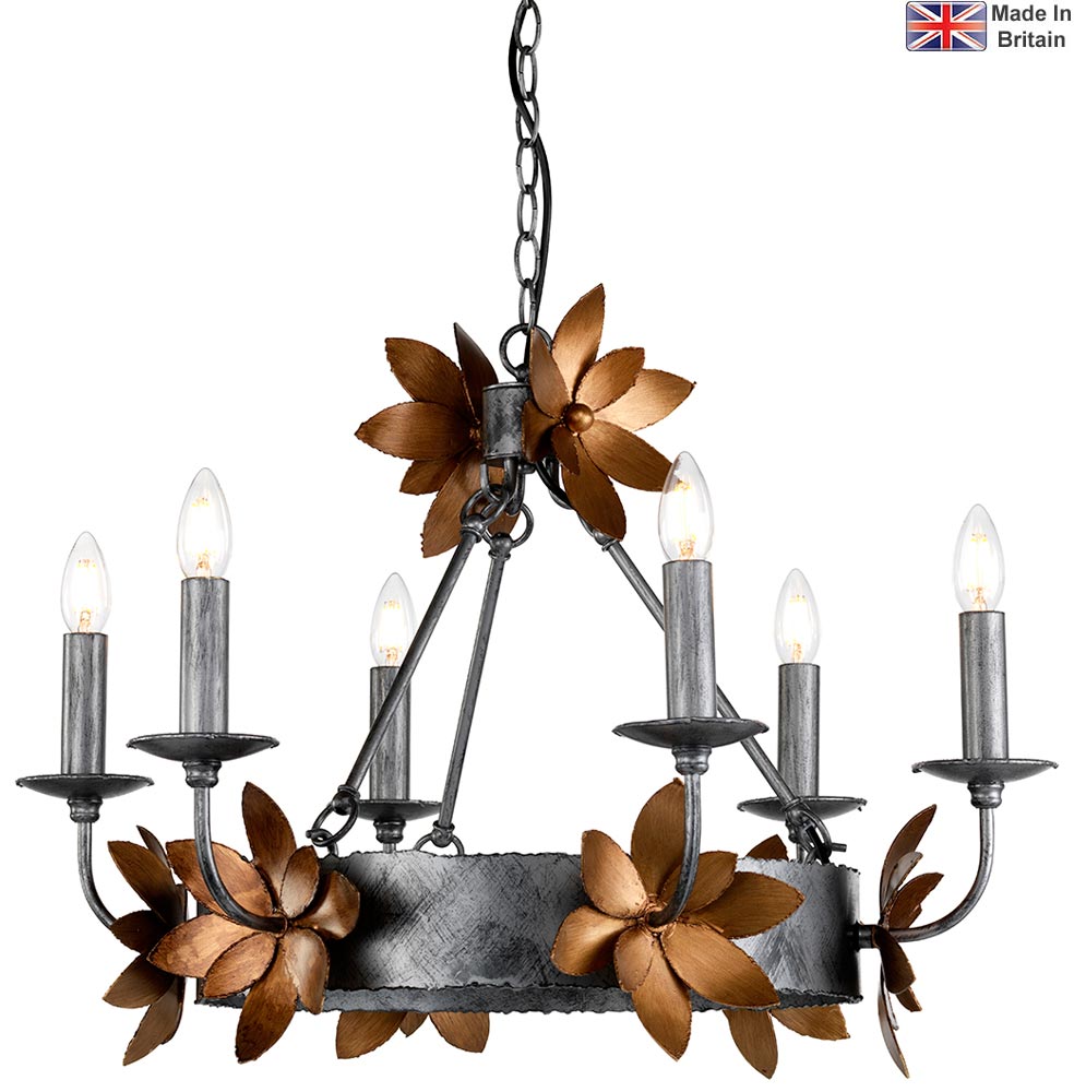 Flambeau Simone 6 Light Chandelier Distressed Silver Gold Leaf