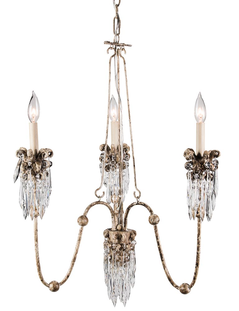 Flambeau Venetian 3 Light Chandelier Beige Patina Crystal Drops