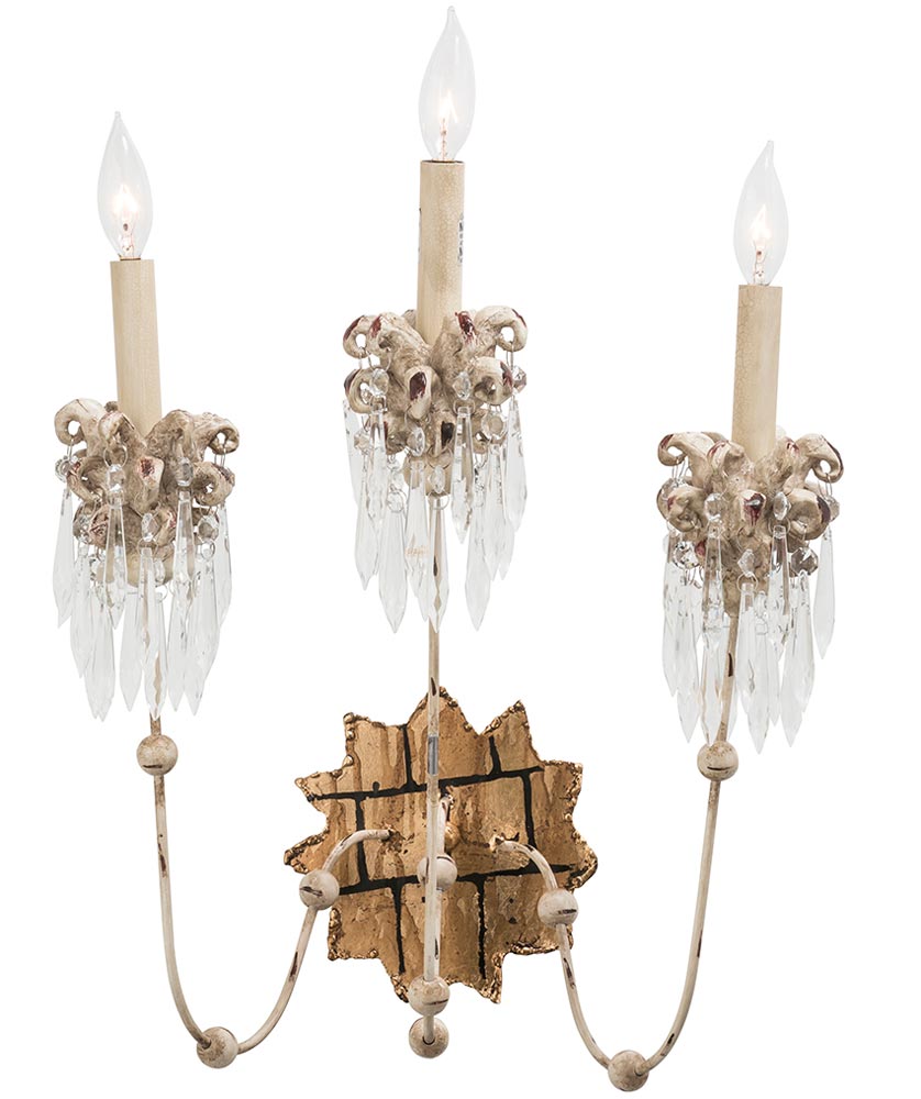 Flambeau Venetian 3 Lamp Large Wall Light Beige Patina Gold Crystal