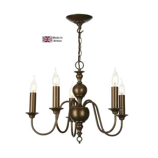 Flemish classic 5 light chandelier in hand painted matt bronze on white background lit