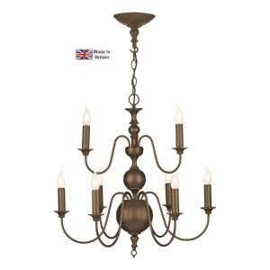 Flemish classic 2 tier 9 light chandelier in painted matt bronze on white background