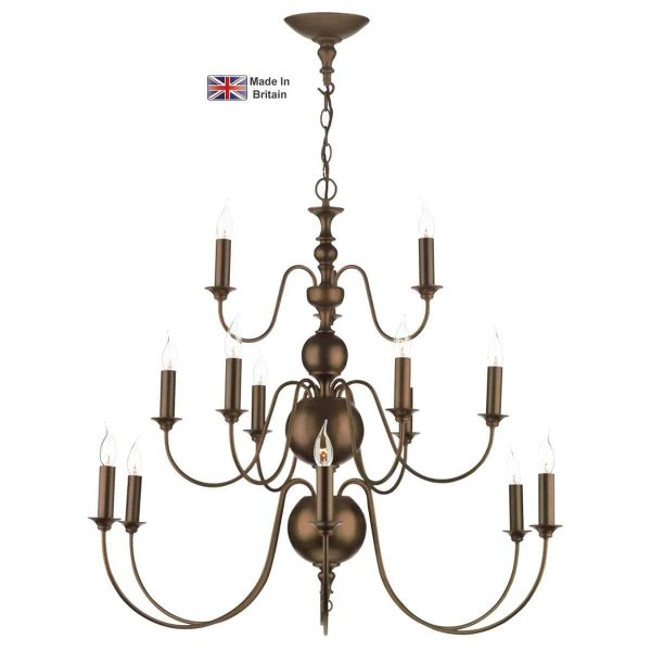 Flemish classic 15 light large chandelier in painted matt bronze on white background